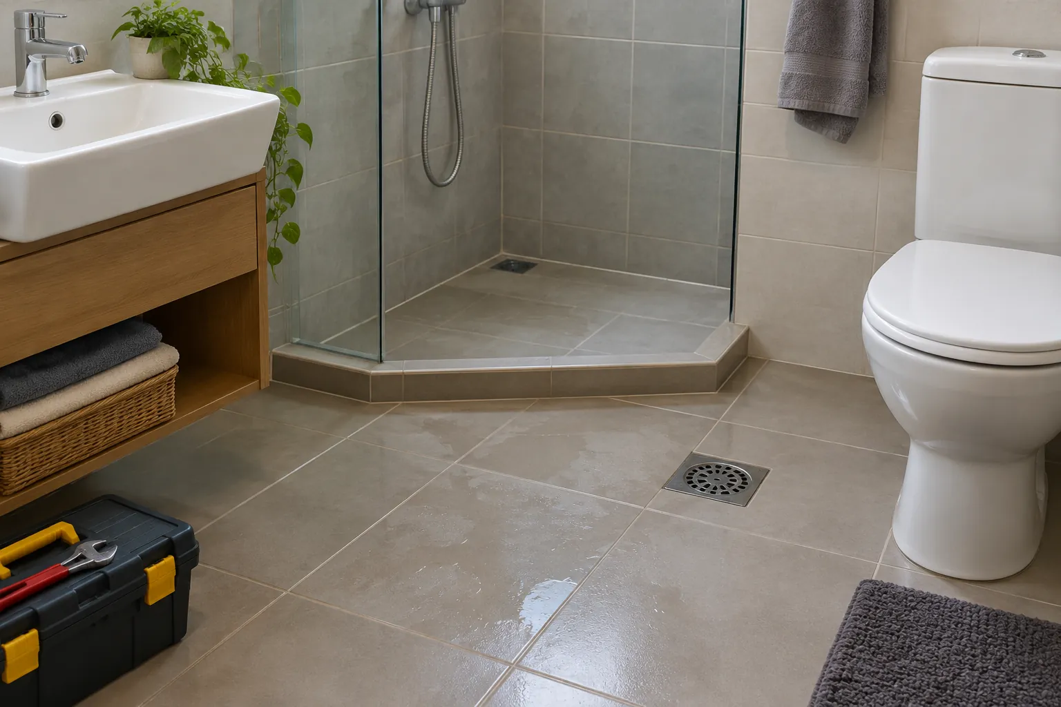 Wastafel, shower, kloset, dan saluran lantai dalam kamar mandi