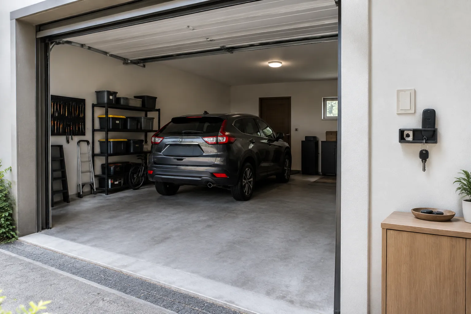Pintu kendaraan dan pintu rumah berada pada sisi garasi yang sama