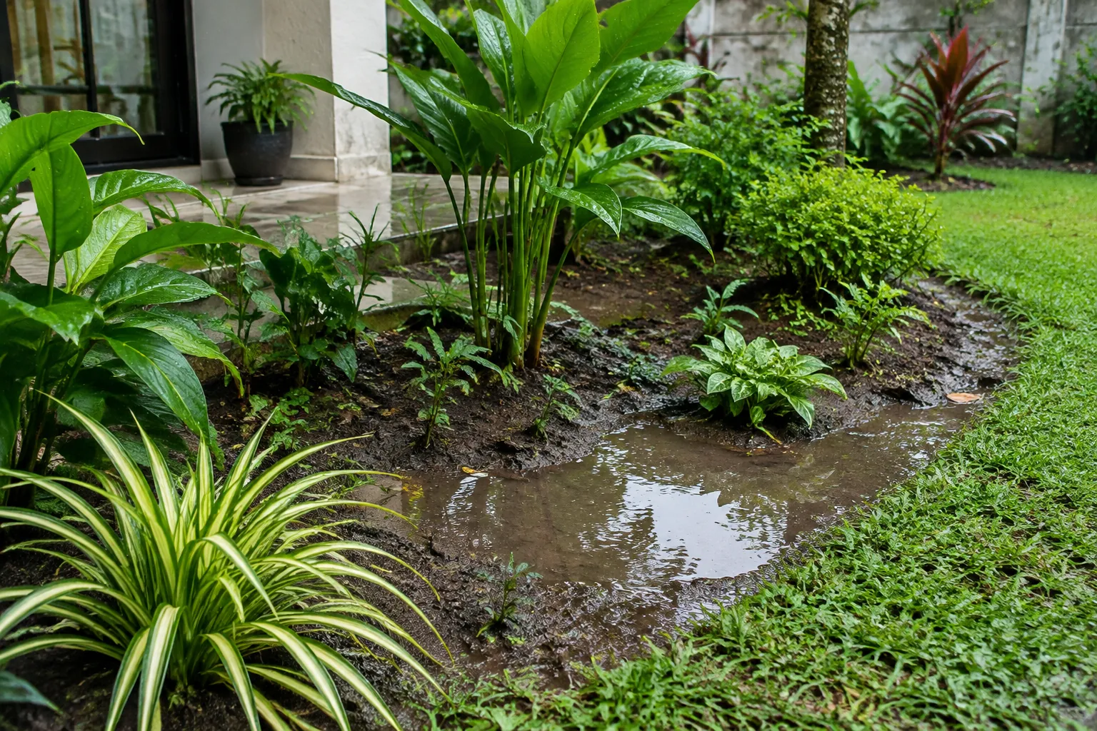 Tanah basah dan genangan di antara tanaman taman