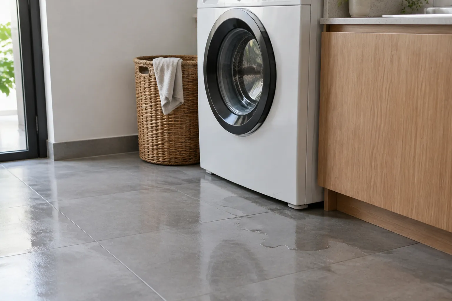 Lantai ruang laundry terlihat basah dekat mesin cuci