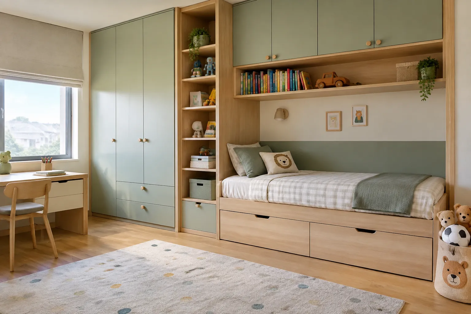 Lemari, rak, dan tempat tidur tersusun menyatu sepanjang dinding kamar anak