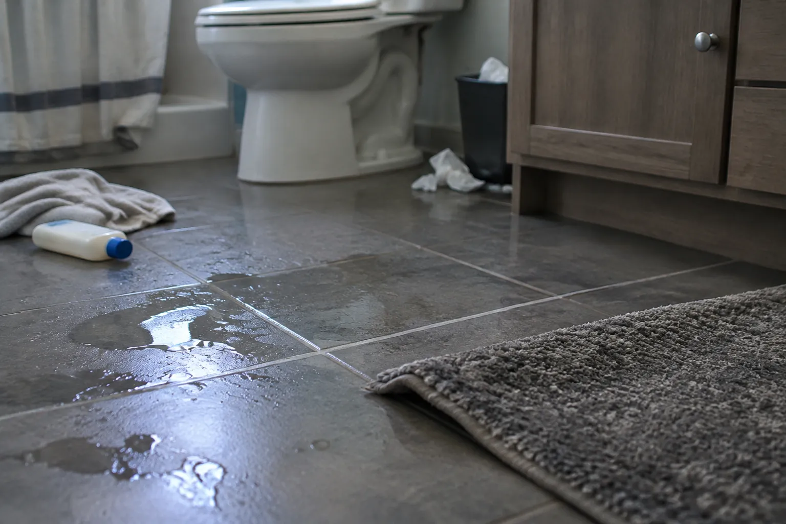 Genangan air di lantai kamar mandi dekat toilet
