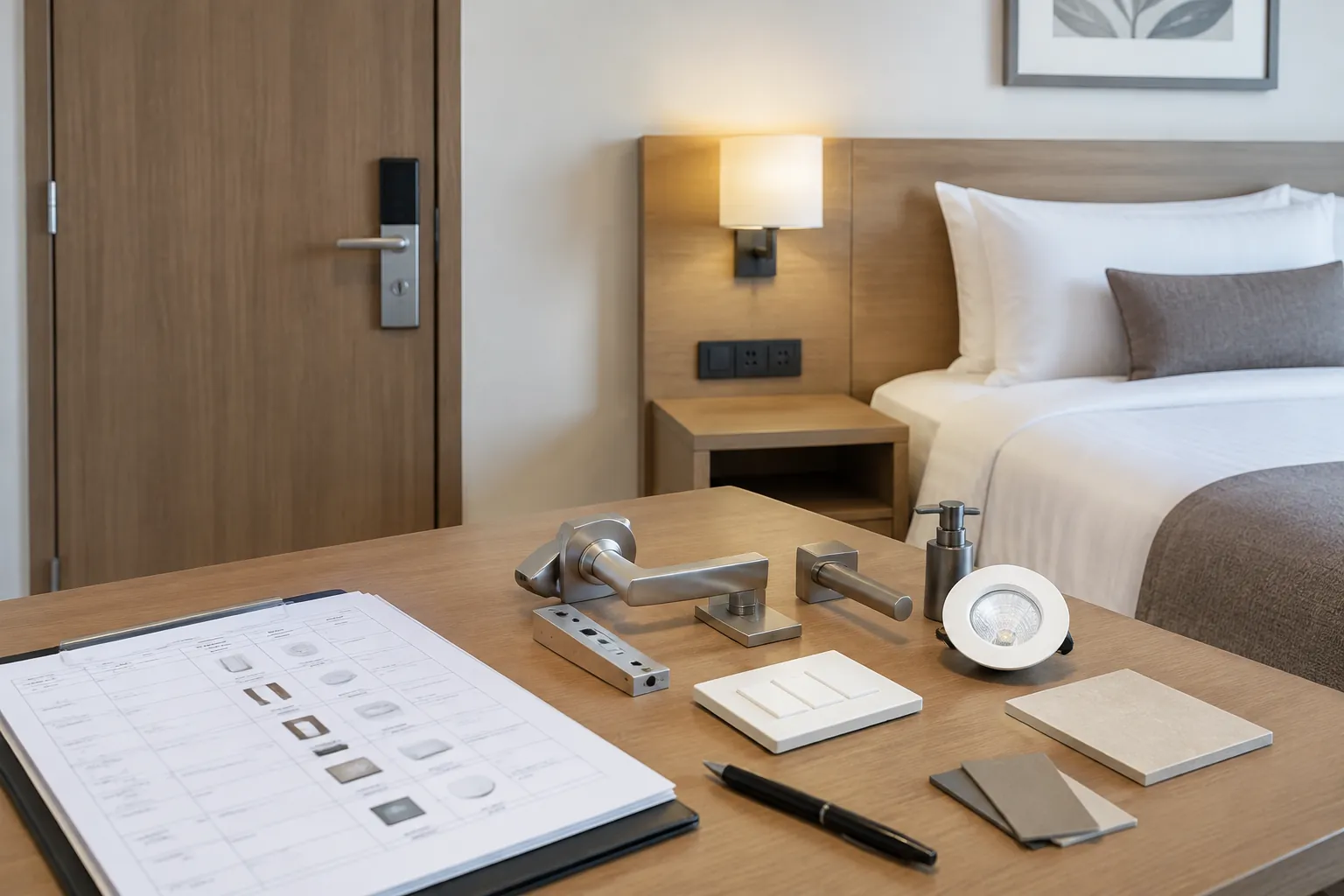 Sampel perangkat dan bahan kamar hotel disusun di atas meja