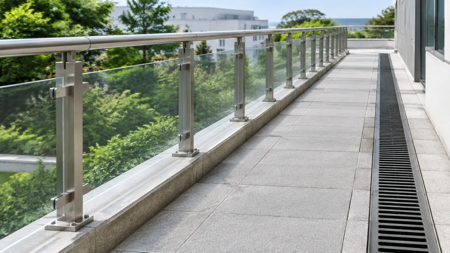 Railing kaca dengan drainase memanjang di sisinya