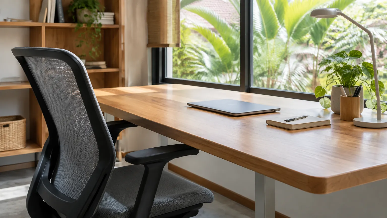 Meja kerja kayu dan kursi ergonomis di dekat jendela