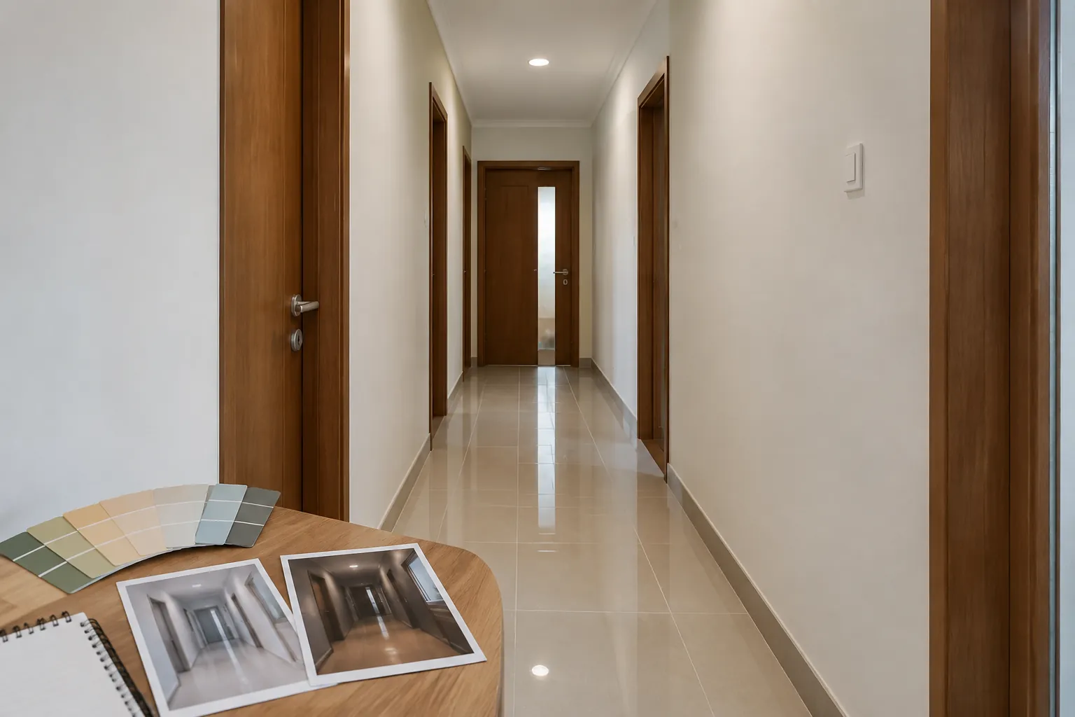 Lorong rumah dengan contoh warna dan buku sampel di meja