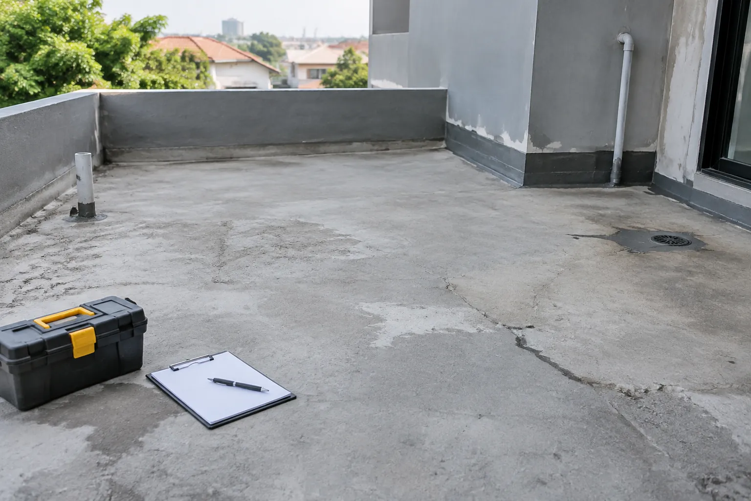 Permukaan teras dengan retak dan saluran air diperiksa sebelum penutupan