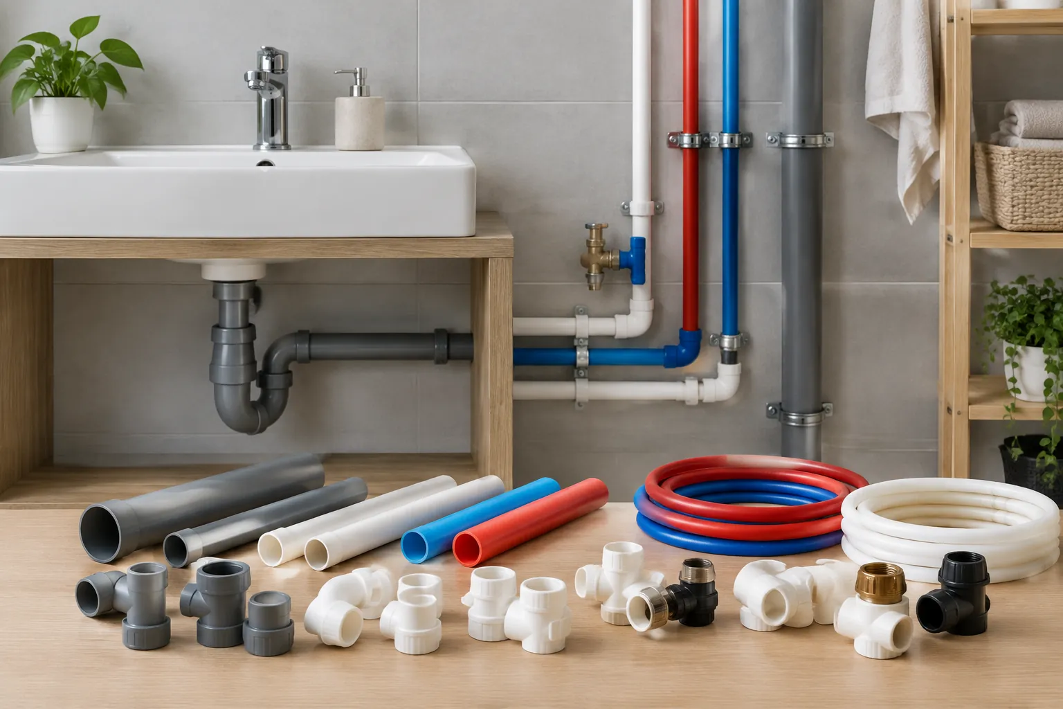 Berbagai pipa plastik dan fitting di dekat wastafel
