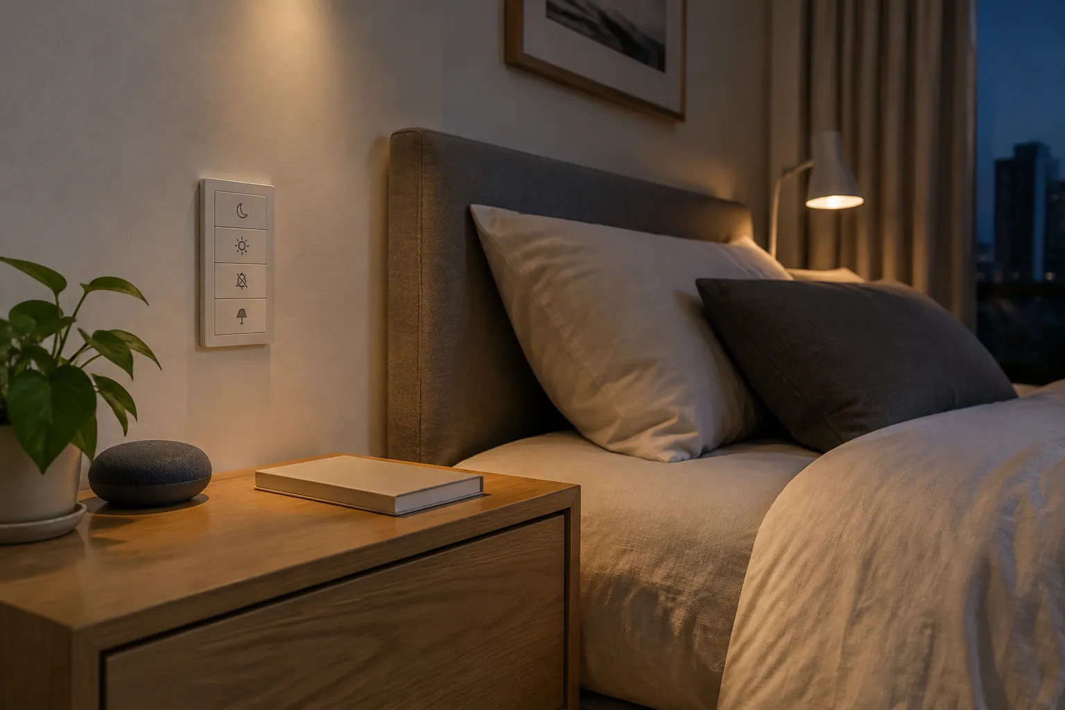 Lampu meja dan kendali di samping tempat tidur