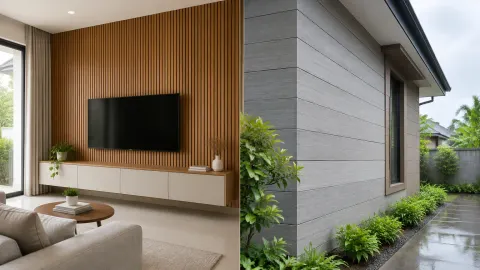 Contoh tampilan pelapis dinding di dalam dan luar rumah