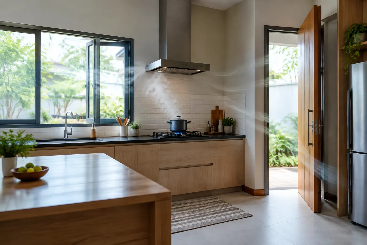 Dapur lapang dengan jendela, pengisap asap, dan pintu terbuka.