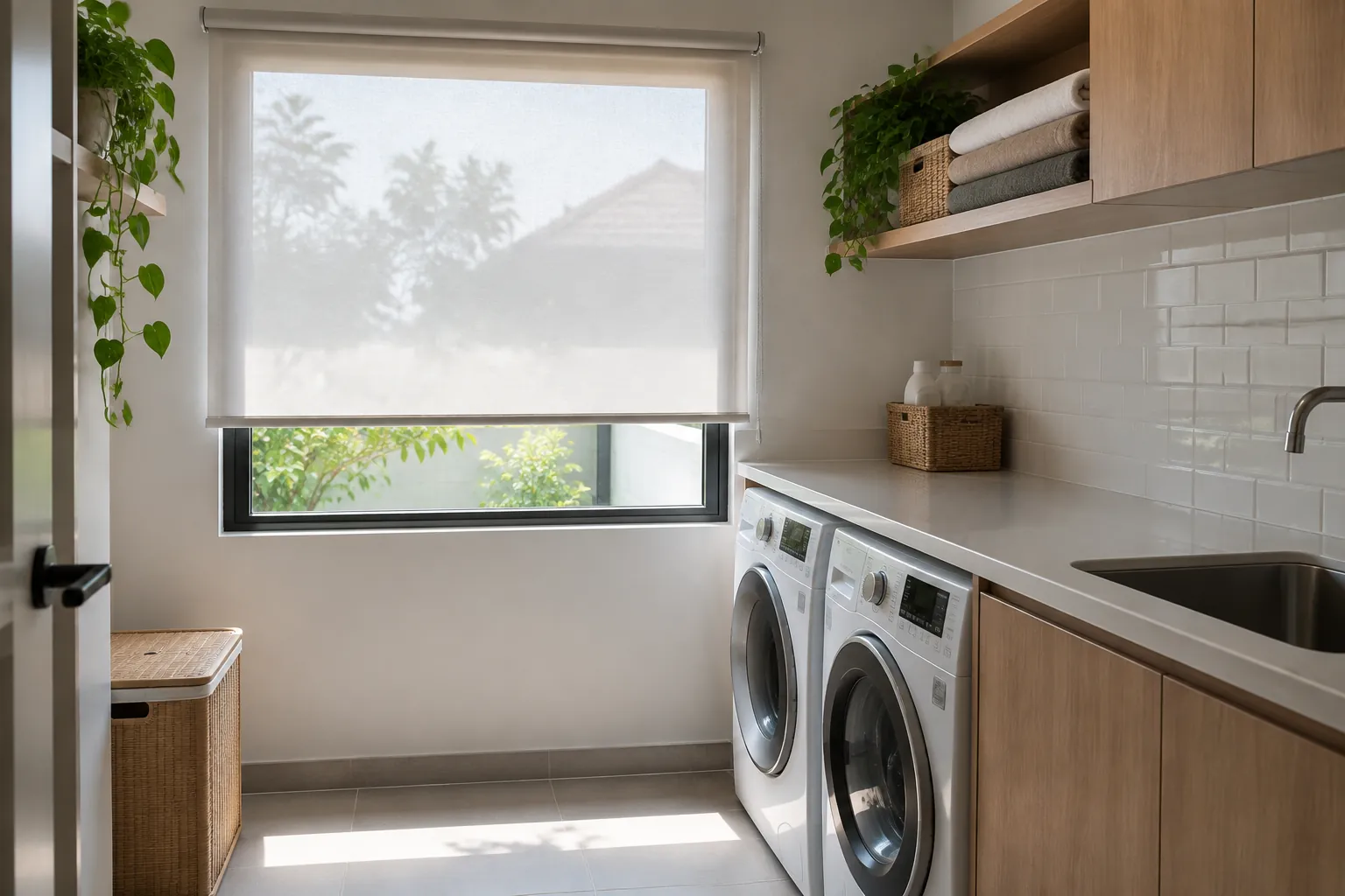Jendela laundry dengan tirai tipis di atas mesin cuci