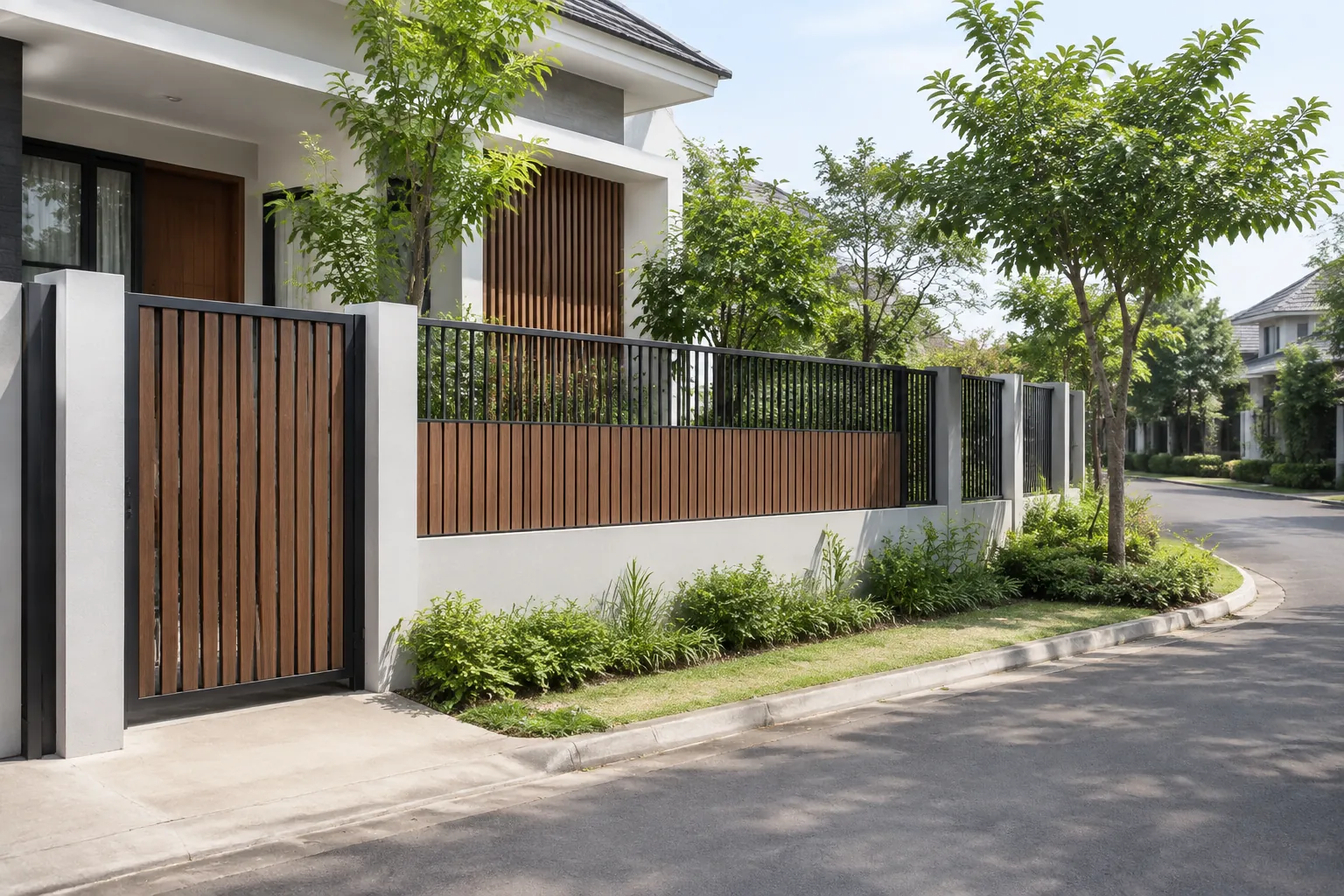 Pagar dengan bidang terbuka dan padat membatasi halaman rumah