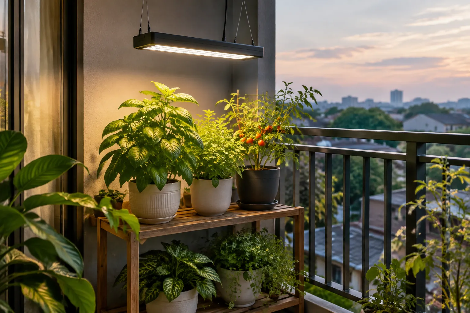 Lampu gantung menerangi tanaman di balkon pada sore hari