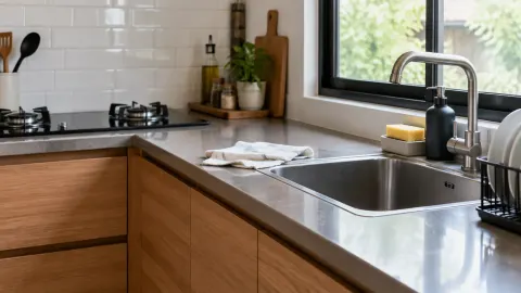 Bak cuci dan lap berada di meja dapur yang rapi