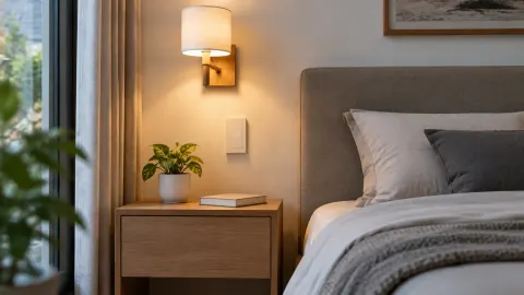 Meja samping tempat tidur dengan lampu dan perangkat kecil