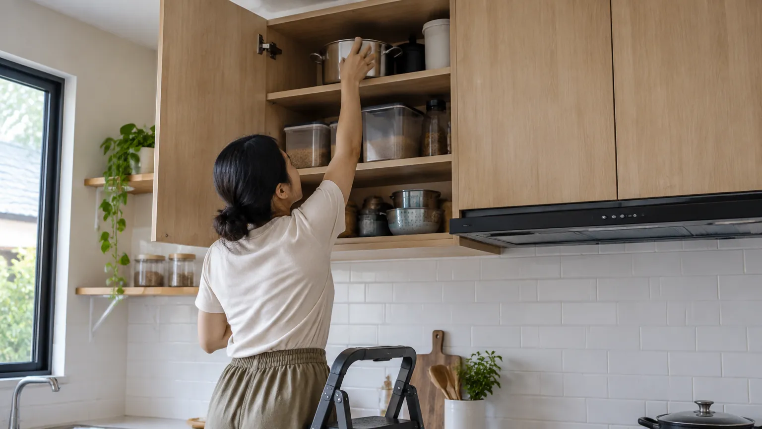 Seseorang menjangkau rak atas dapur dari bangku pijakan
