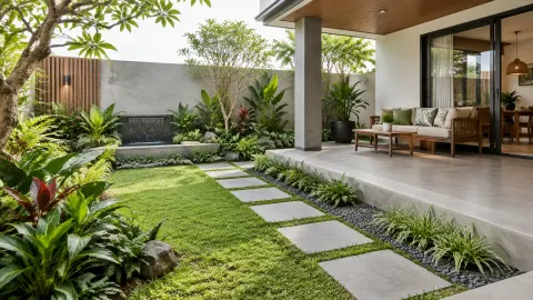 Taman rumah dengan rumput, jalur pijakan, dan tanaman tepi