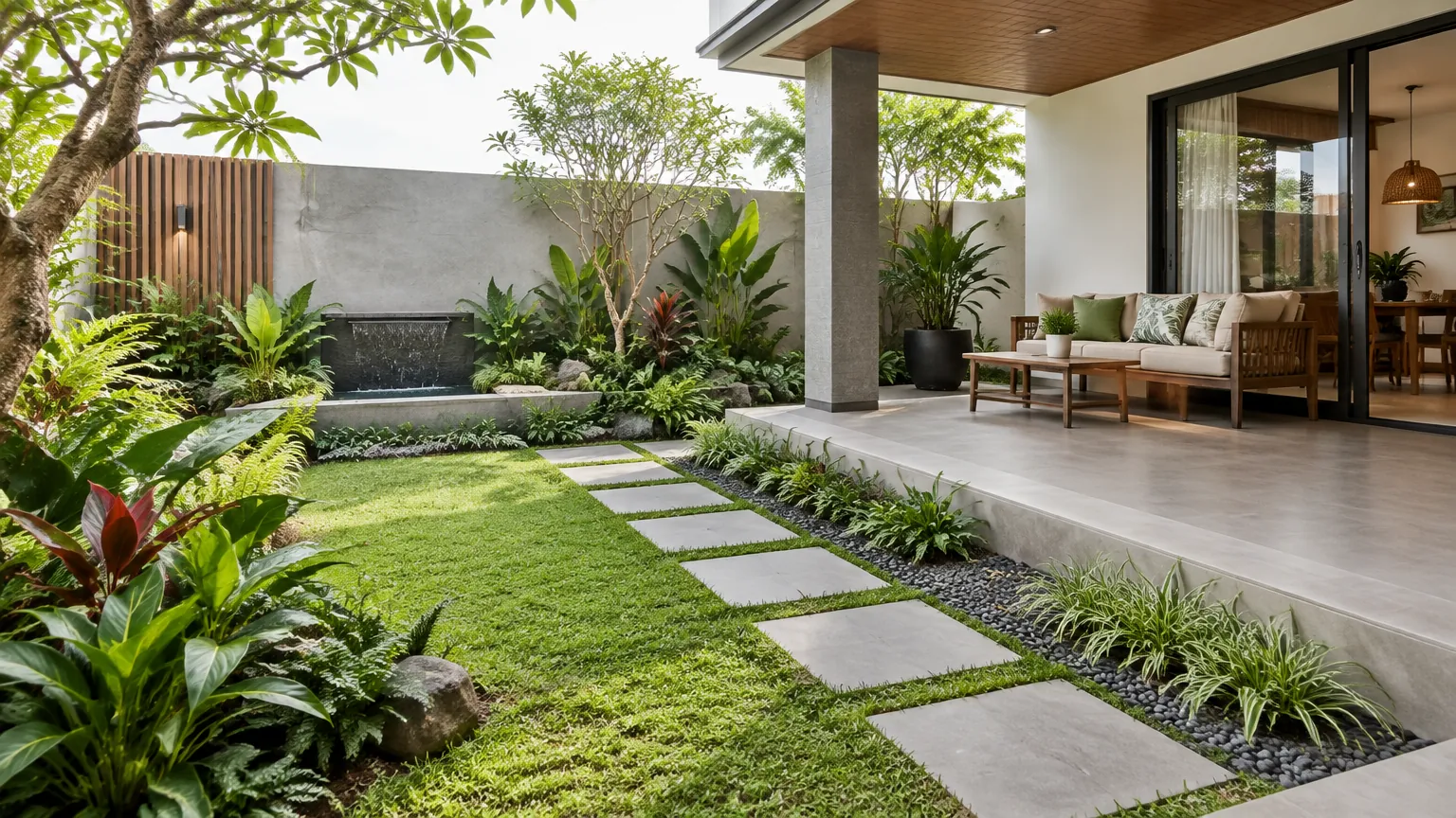 Taman rumah dengan rumput, jalur pijakan, dan tanaman tepi