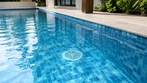 Lubang drainase pada dasar kolam renang berlapis keramik