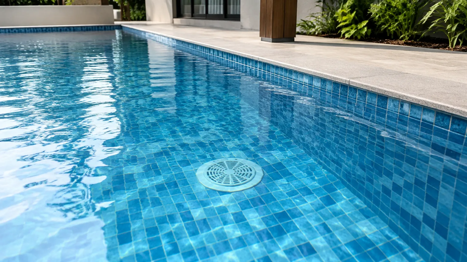 Lubang drainase pada dasar kolam renang berlapis keramik