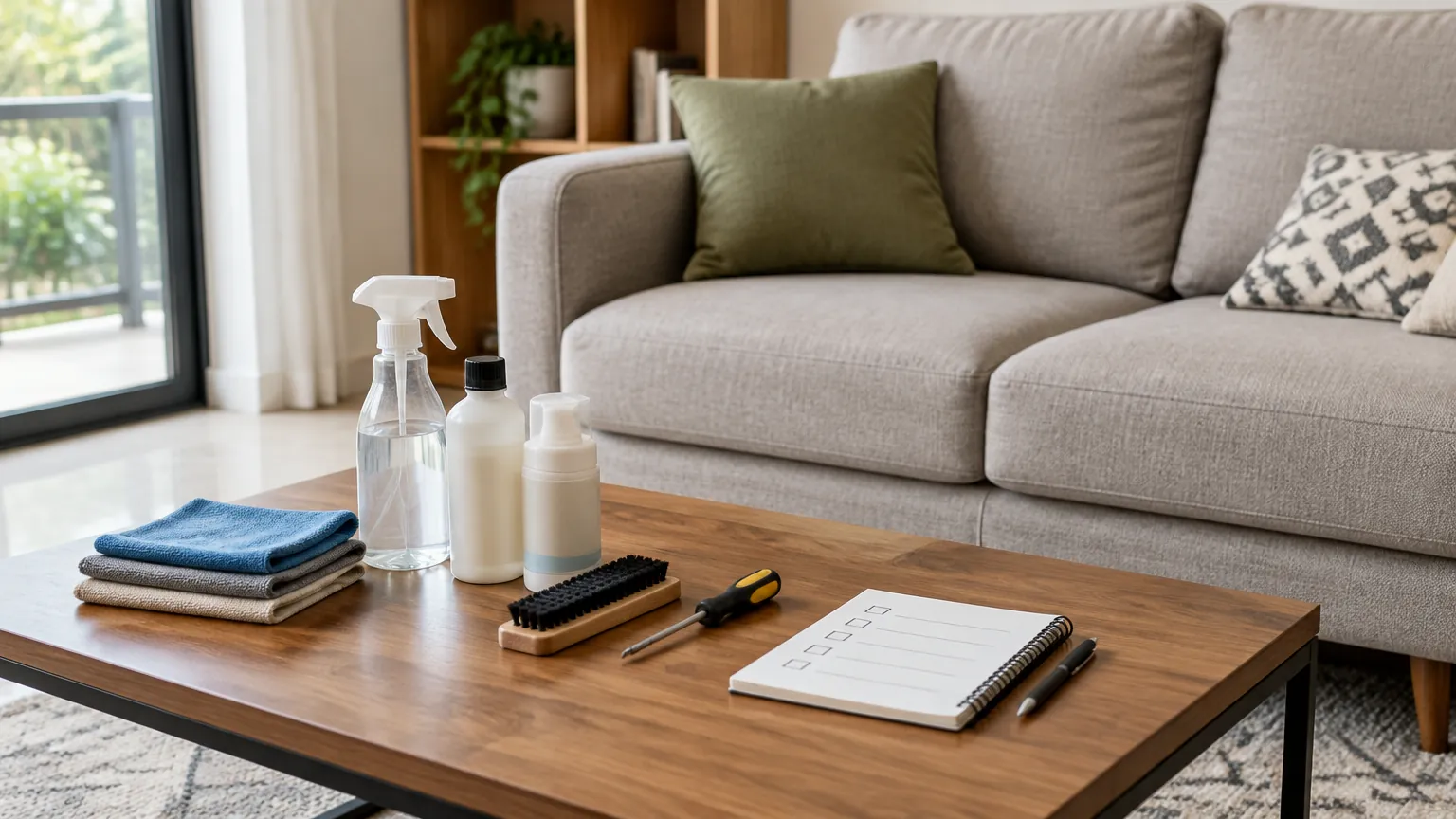 Peralatan pembersih furnitur di meja depan sofa