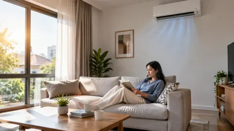 Seseorang duduk di sofa ruang keluarga dekat jendela dan AC