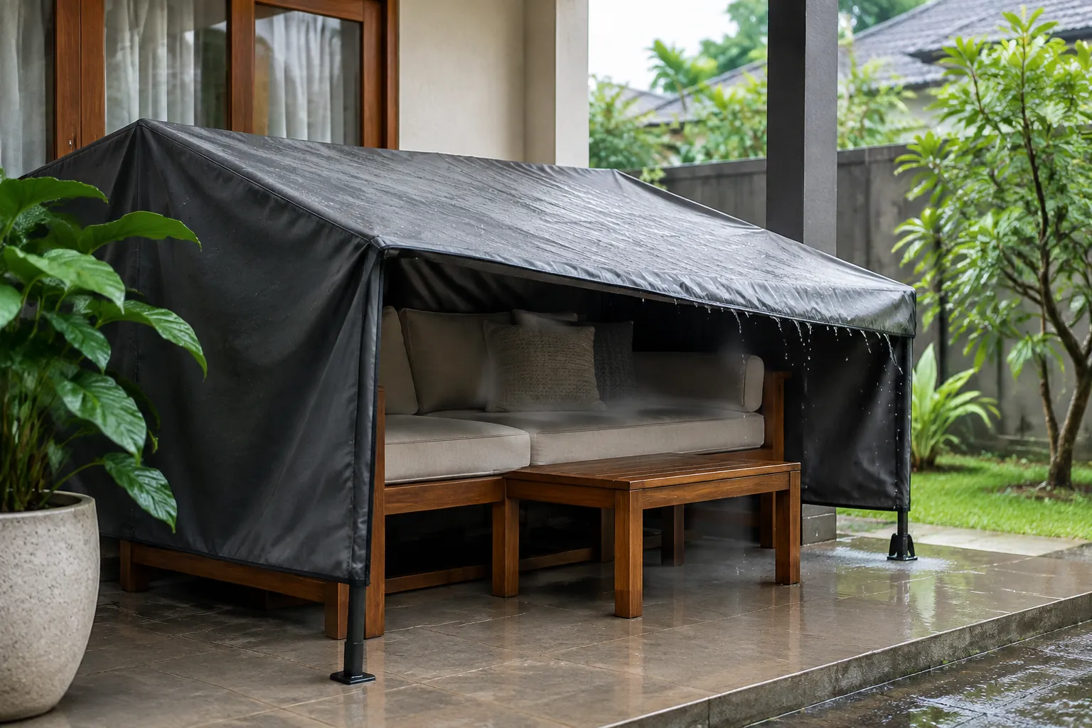 Furnitur kayu tertutup pelindung di teras terbuka