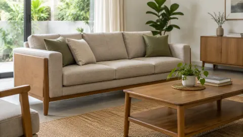 Sofa panjang warna terang dengan meja kayu pada ruang tamu