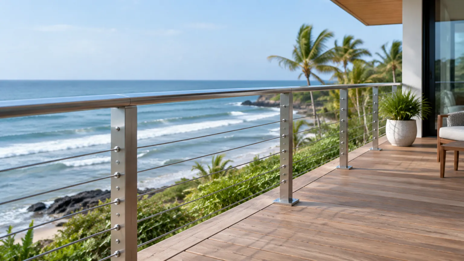 Railing logam dan kaca di balkon yang menghadap laut