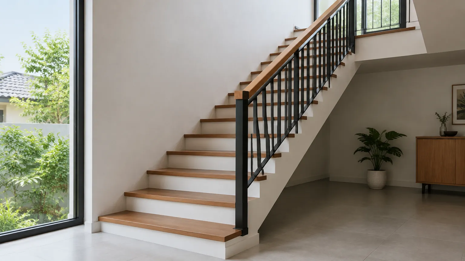 Tangga rumah dengan anak tangga kayu dan railing