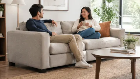 Dua penghuni duduk pada sofa di ruang keluarga