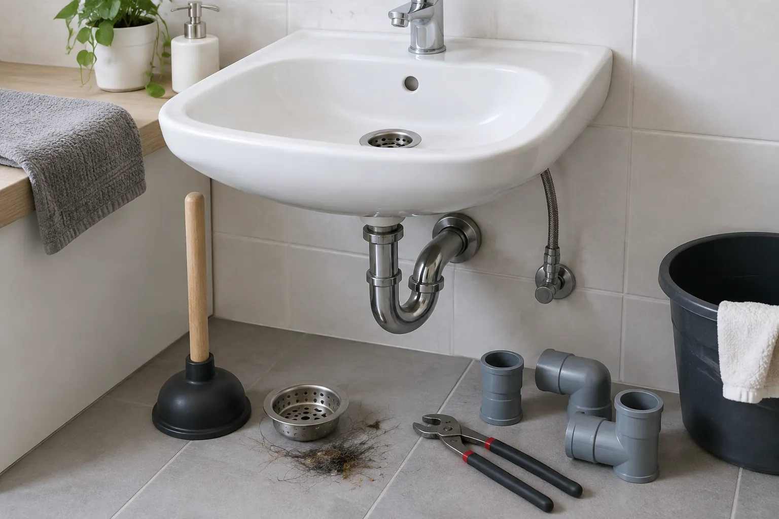 Wastafel dengan plunger dan alat pembersih saluran