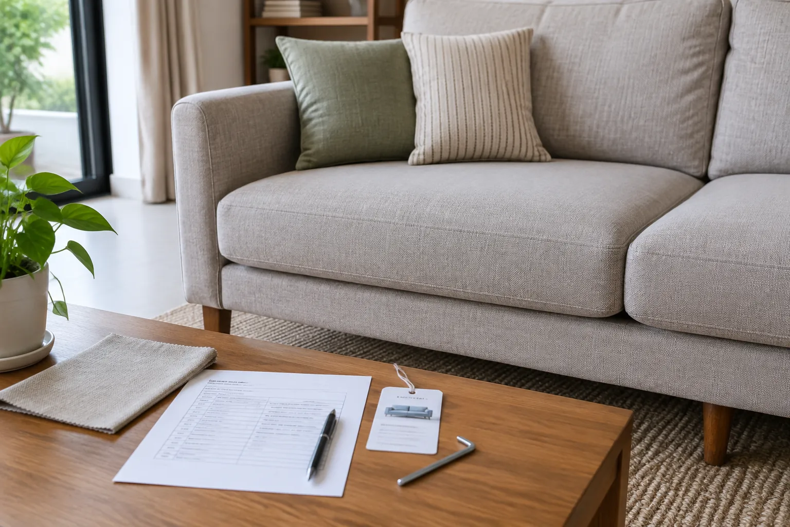 Sofa ruang keluarga dengan contoh bahan dan catatan di meja