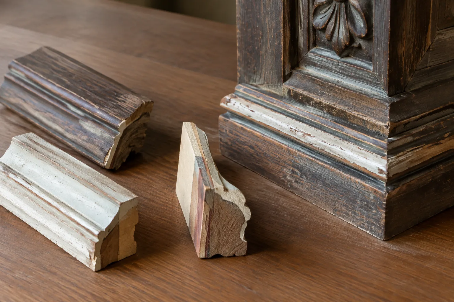 Sampel trim kayu tua dengan profil ukir