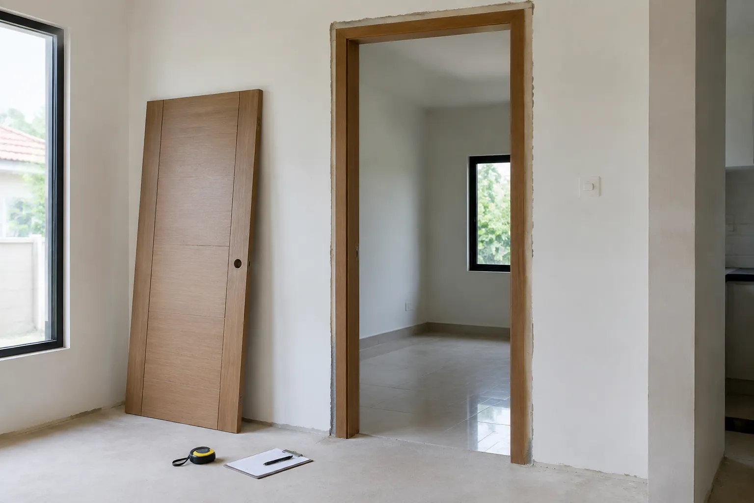 Daun pintu belum dipasang bersandar dekat bukaan ruangan