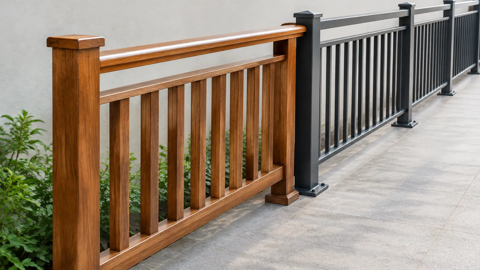 Railing kayu dan besi dipasang berdampingan