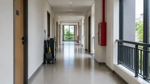 Lorong bangunan dengan pintu dan jendela di samping
