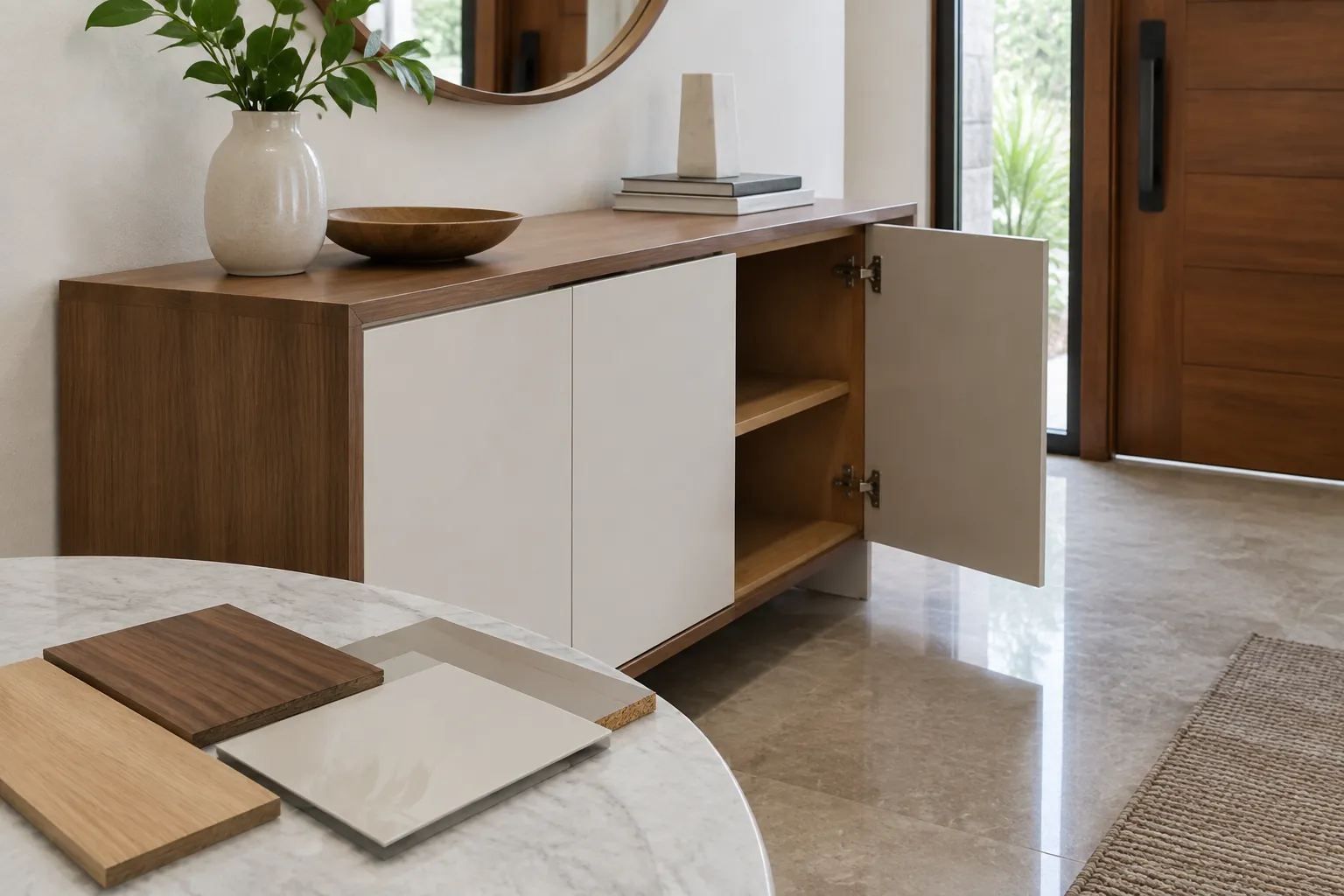 Kabinet foyer dengan pintu terbuka dan contoh bahan di depannya