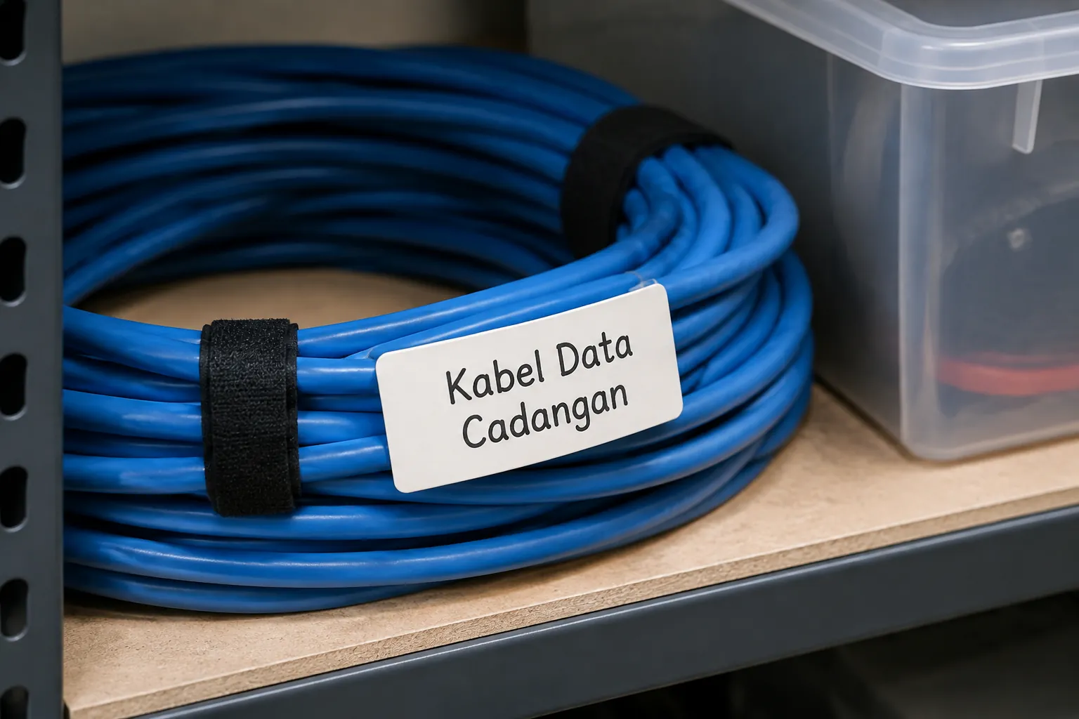 Gulungan kabel berlabel cadangan di rak gudang