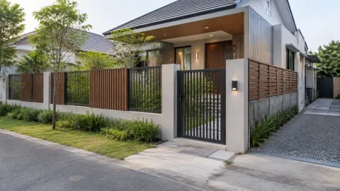 Pagar rumah dengan bilah logam dan kayu di tepi jalan