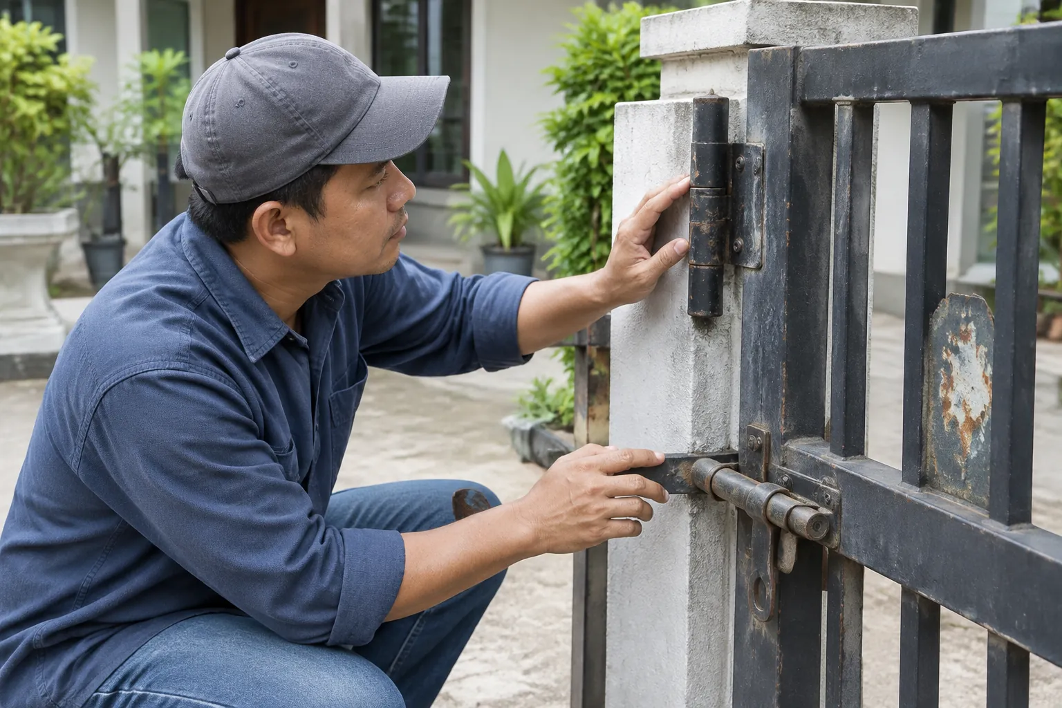 Pekerja memeriksa sambungan dan pengunci pagar lama