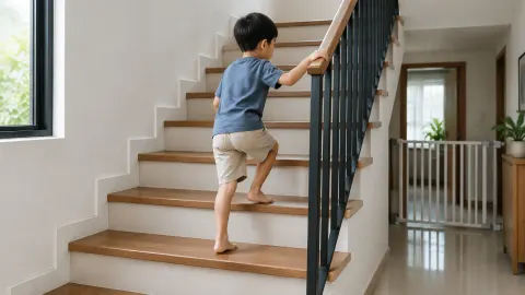 Anak menaiki tangga kayu sambil berpegangan pada pagar