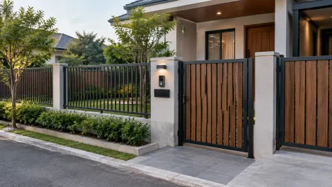 Pagar logam dan gerbang di depan rumah