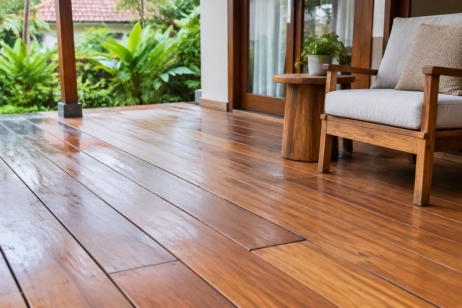 Papan lantai kayu teras tampak basah di dekat kursi