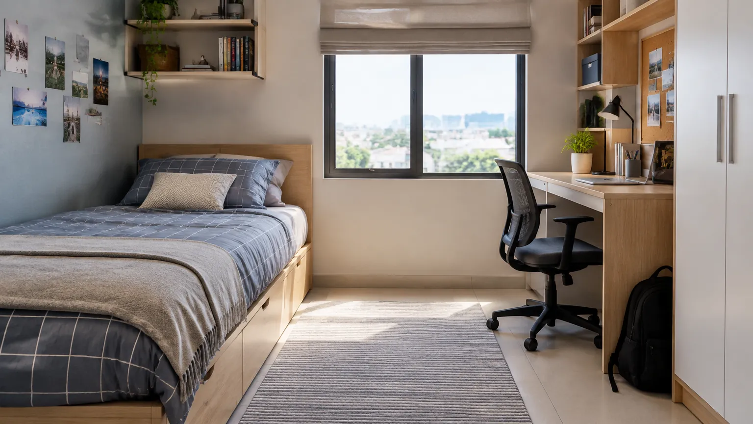 Kamar remaja dengan tempat tidur, meja, rak, dan jendela