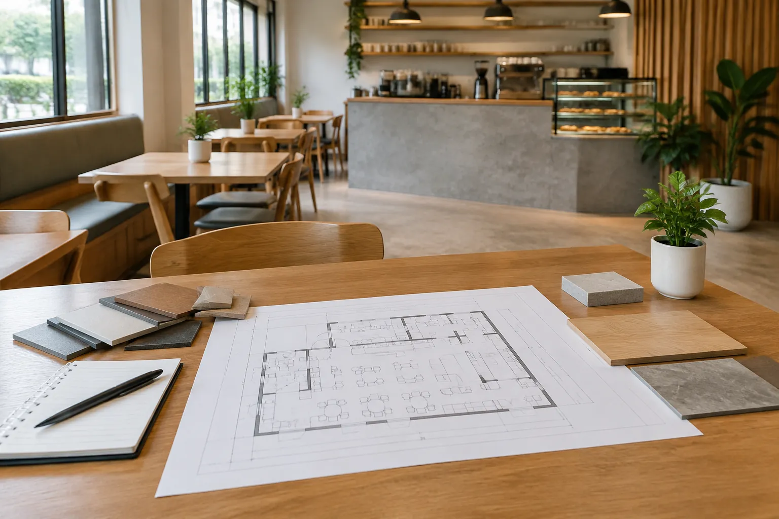 Meja kafe dengan gambar denah dan sampel material di atasnya.