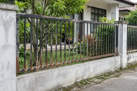 Pagar logam dengan tiang beton yang bernoda