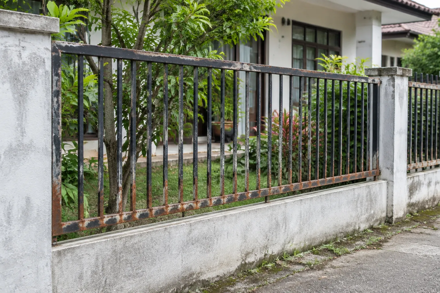 Pagar logam dengan tiang beton yang bernoda