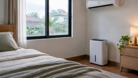 Kamar tidur dengan jendela tertutup, AC dan alat pengurang kelembapan